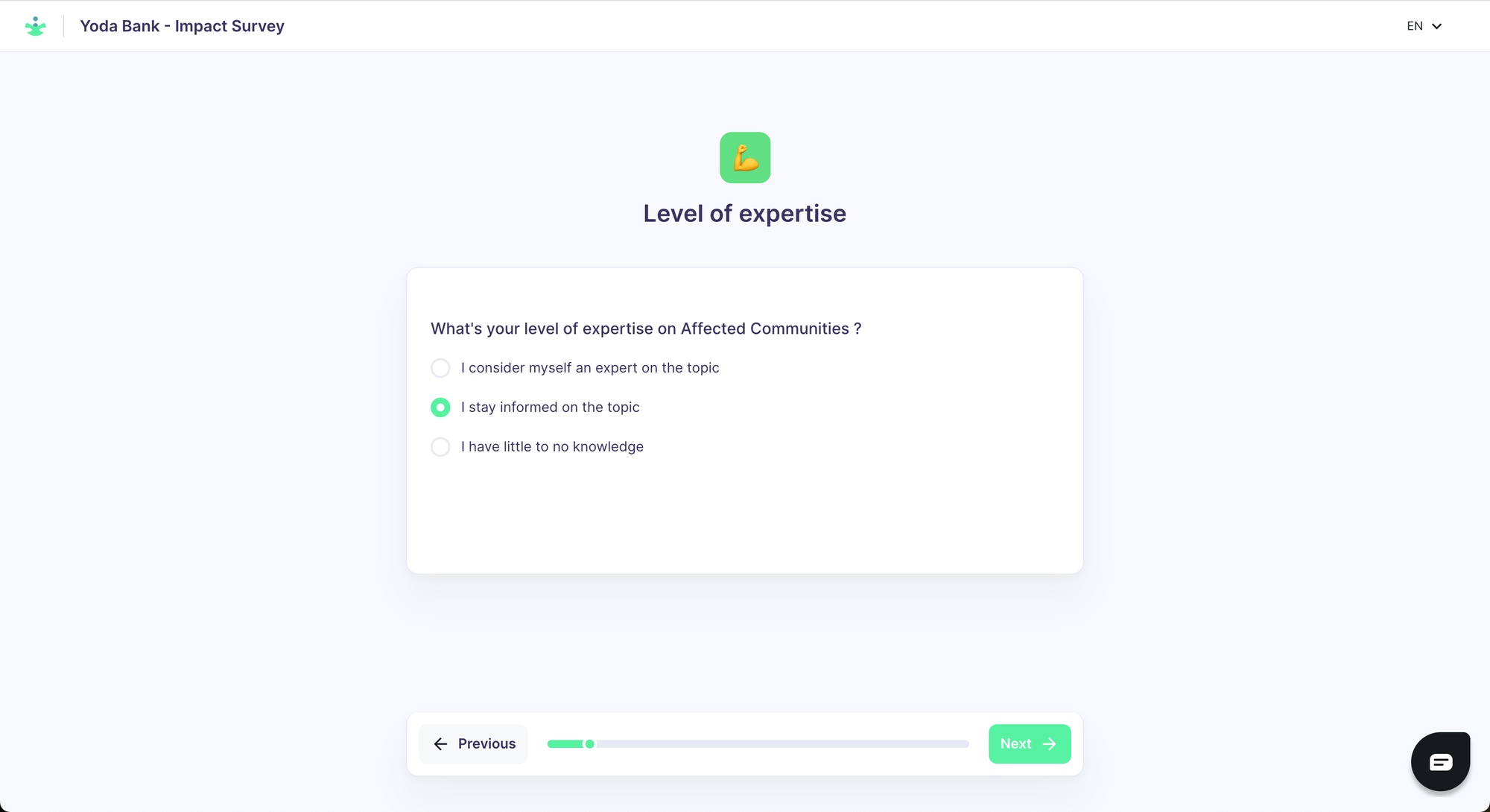 Example of an expertise question during a survey on your Karomia platform