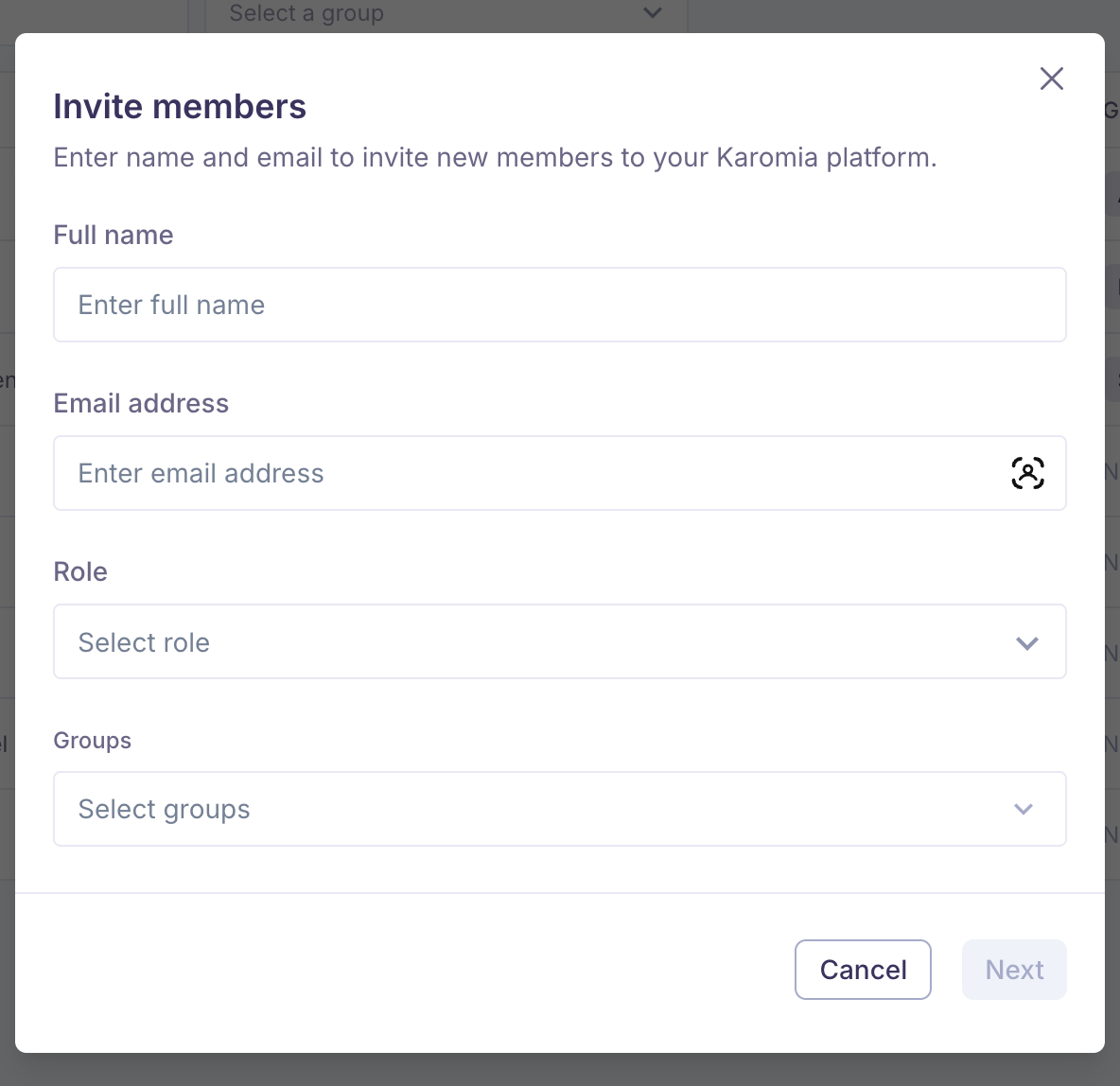Enter the person's name, email, role and group(s) to send an invitation.
