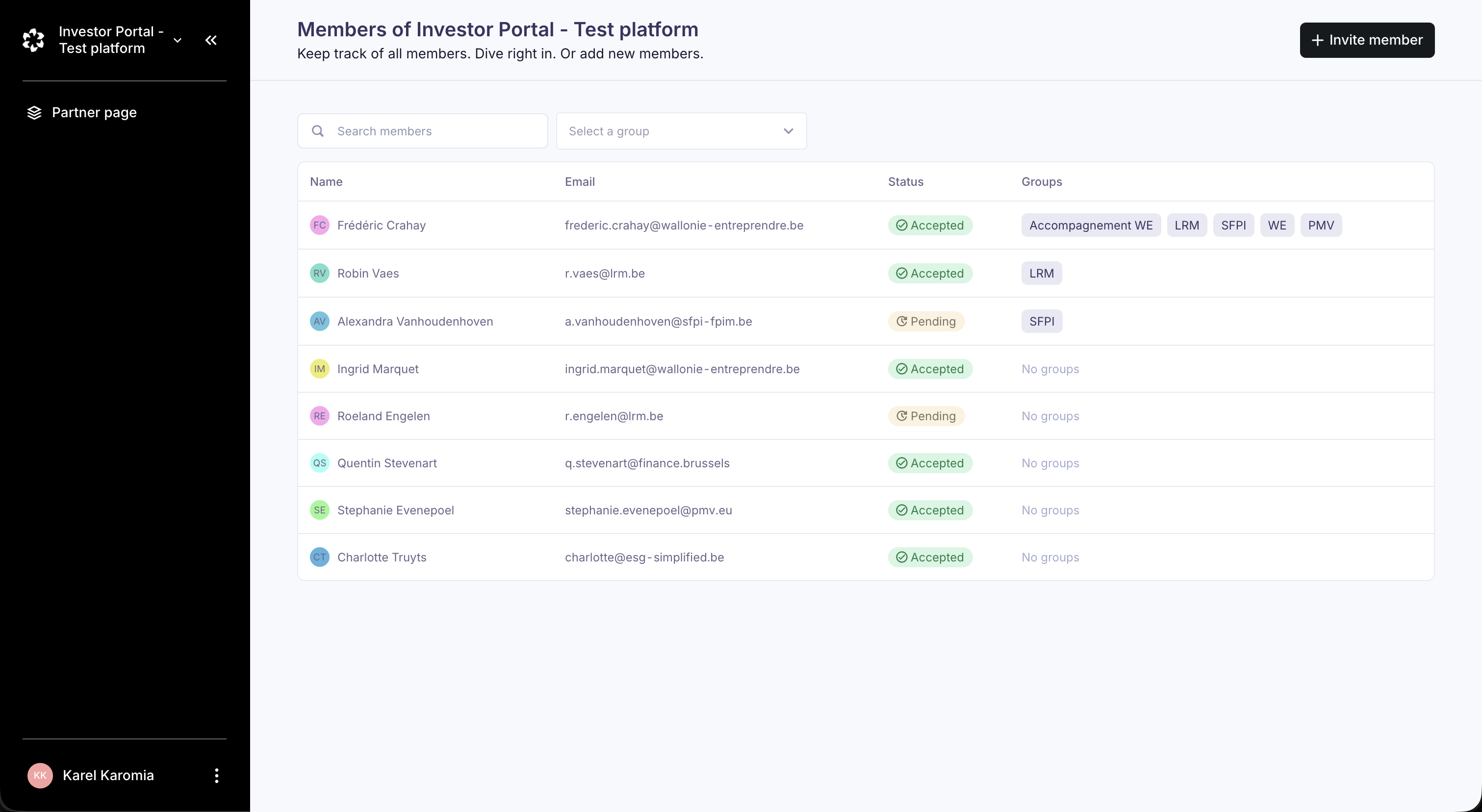 The Members page shows everyone who has access to your Karomia workspace.